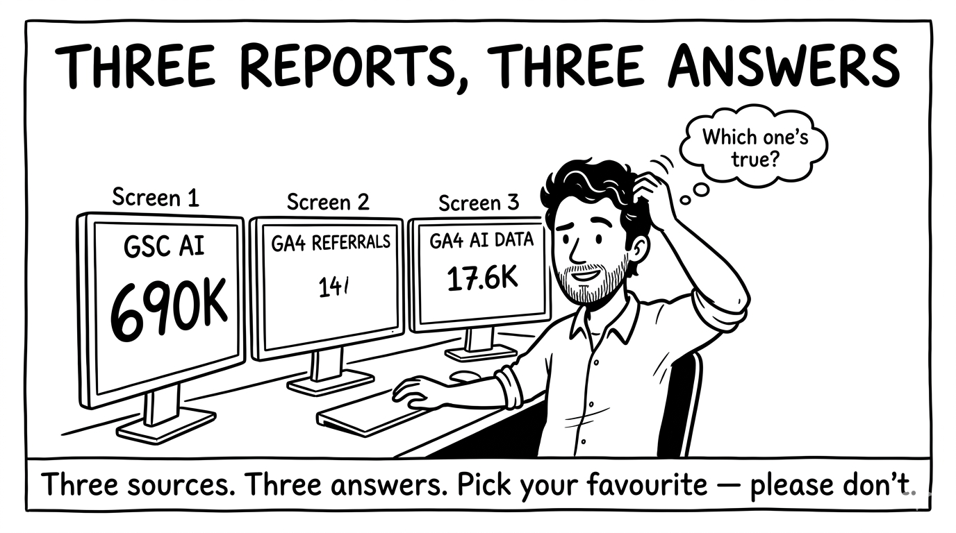 Comic of an SEO consultant confused at three monitors showing three different AI traffic numbers from GSC, GA4 referrals and GA4's AI data. Caption: GSC, GA4 referrals and GA4's own AI data rarely agree — which makes confident reporting almost impossible.