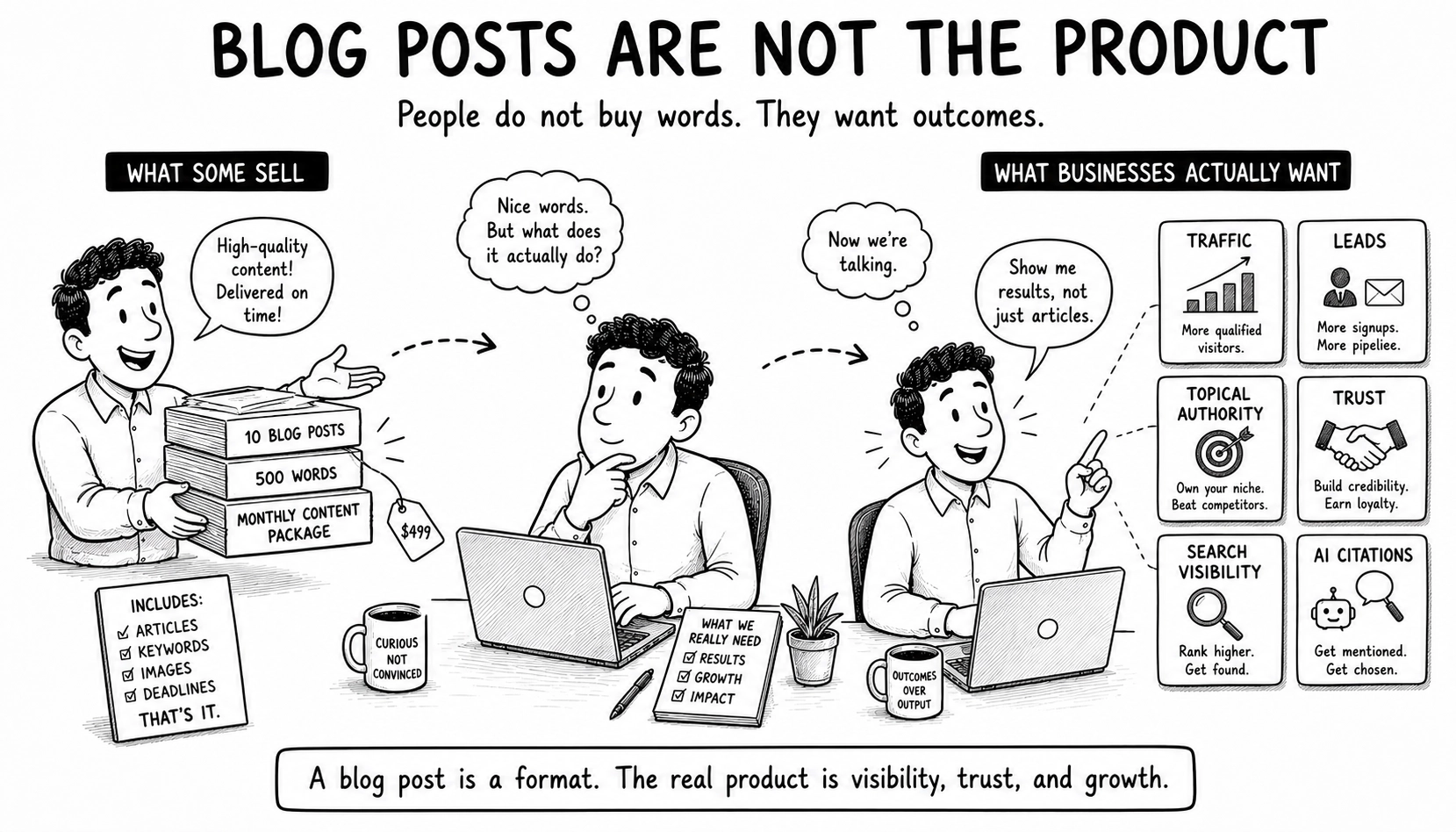 Black and white cartoon showing that businesses do not just want blog posts, they want traffic, leads, trust, search visibility, and AI citations.