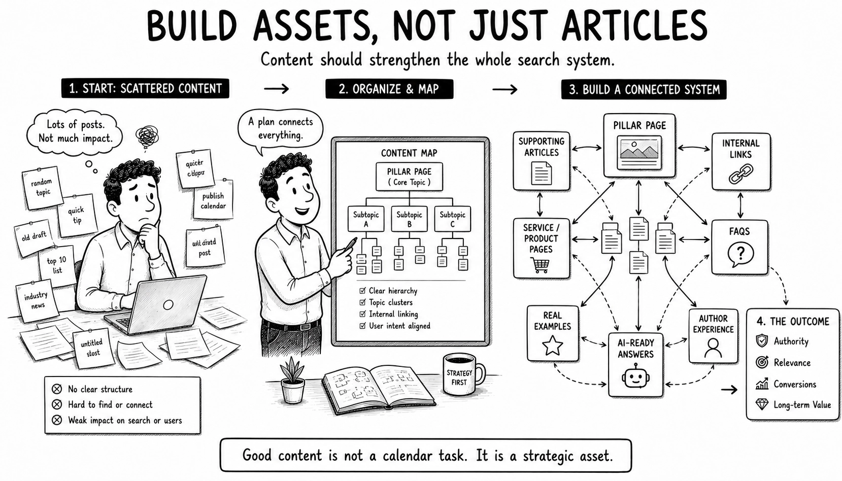 Black and white cartoon showing scattered blog posts being organised into a strategic content system with pillar pages, internal links, FAQs, examples, and AI-ready answers.