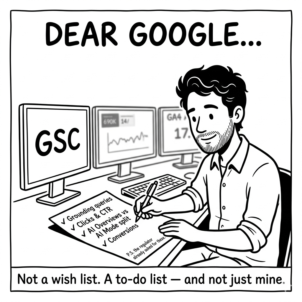 Comic of an SEO consultant writing a wish list to Google asking for grounding queries, clicks, CTR, an AI Overviews vs AI Mode split and conversions, noting the regulator already required them. Caption: The missing metrics aren't just an SEO wish list — the UK regulator has already named clicks and CTR as data Google must provide.